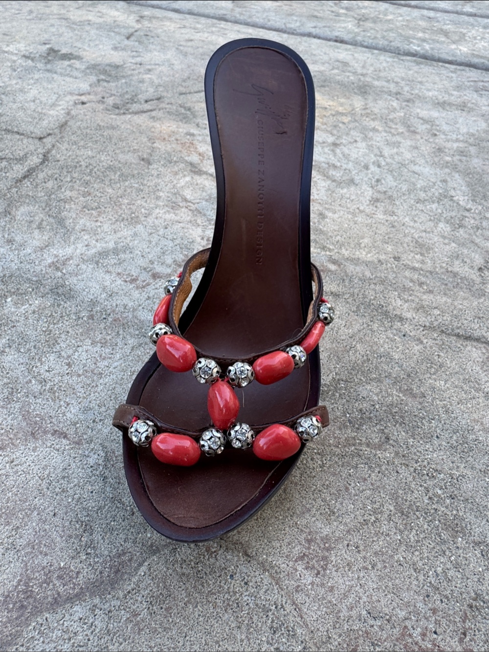 Giuseppe Zanotti Black Stiletto Sandal with Red Bead Embellishments